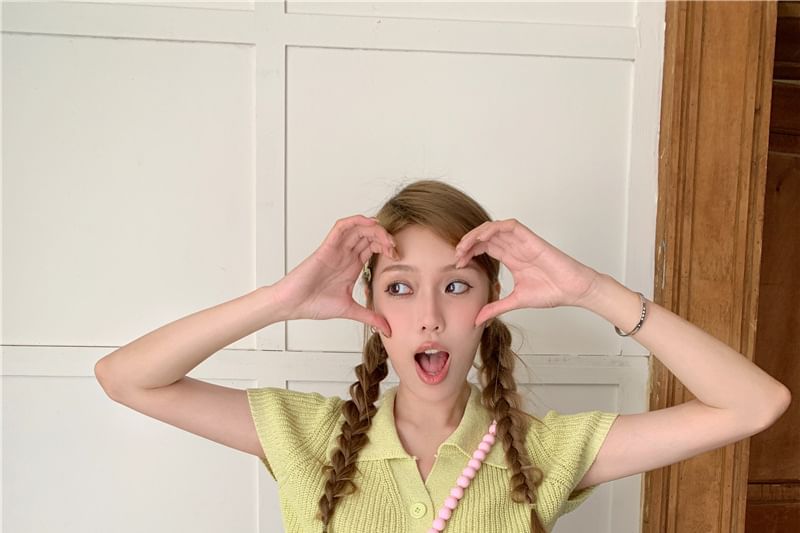 Plain Collared Crop Top Knit Short-Sleeve