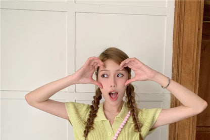 Plain Collared Crop Top Knit Short-Sleeve