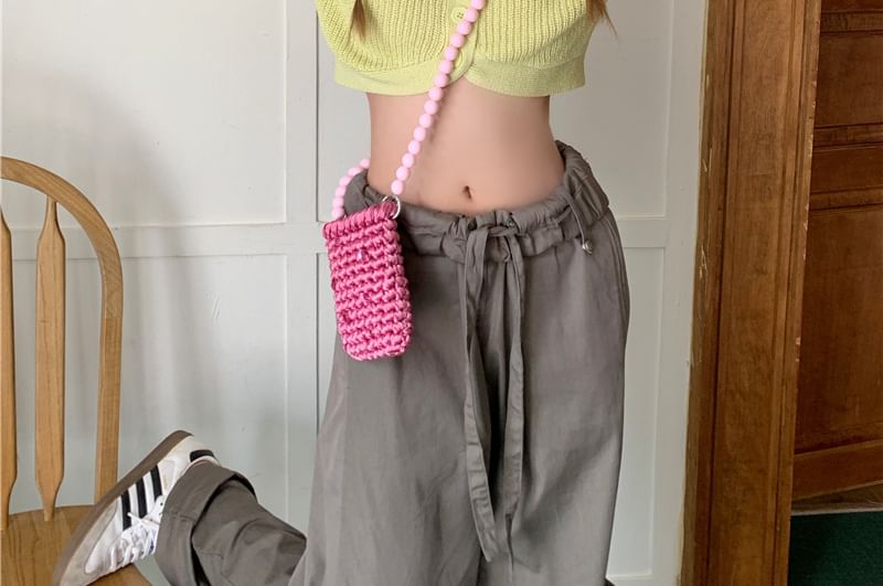 Plain Collared Crop Top Knit Short-Sleeve