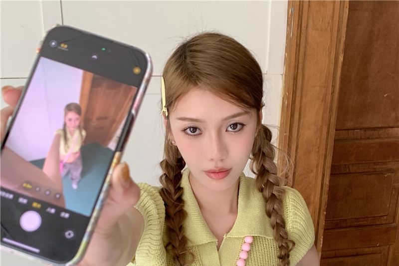 Plain Collared Crop Top Knit Short-Sleeve