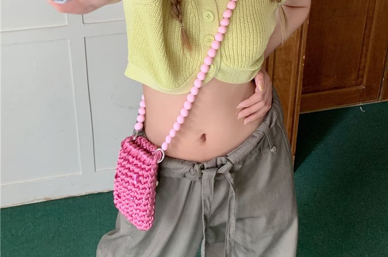 Plain Collared Crop Top Knit Short-Sleeve