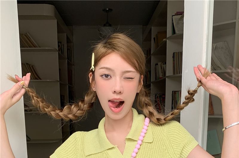 Plain Collared Crop Top Knit Short-Sleeve