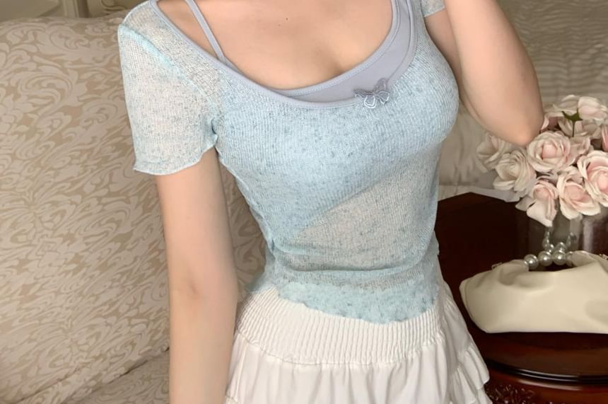 Neck Short-Sleeve Top Set: Square Camisole +