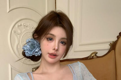 Neck Short-Sleeve Top Set: Square Camisole +