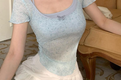 Neck Short-Sleeve Top Set: Square Camisole +