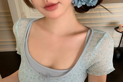 Neck Short-Sleeve Top Set: Square Camisole +