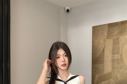 Sailor Top Button-Up Collar Knit Sleeveless