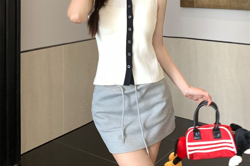 Sailor Top Button-Up Collar Knit Sleeveless