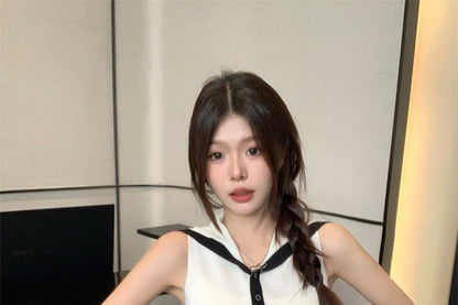 Sailor Top Button-Up Collar Knit Sleeveless