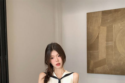 Sailor Top Button-Up Collar Knit Sleeveless