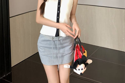 Sailor Top Button-Up Collar Knit Sleeveless