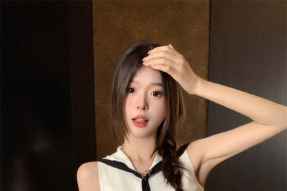 Sailor Top Button-Up Collar Knit Sleeveless