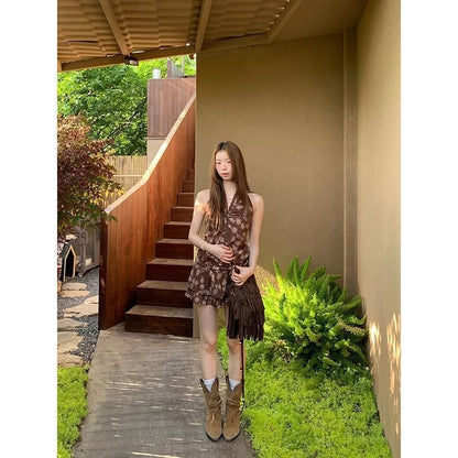 Print / Sleeveless Mini Top V-Neck Skirt