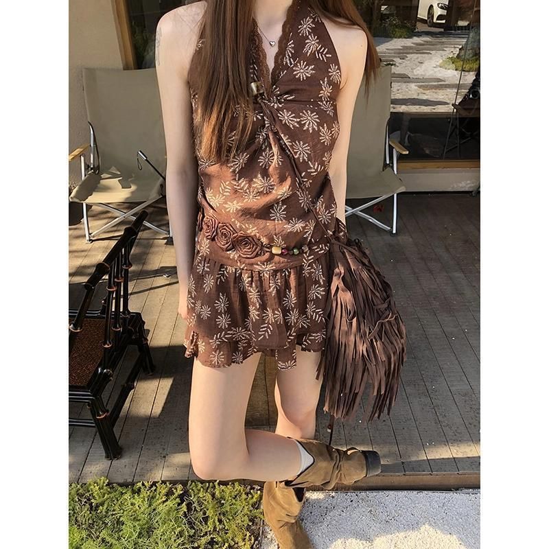 Print / Sleeveless Mini Top V-Neck Skirt