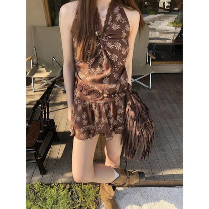 Print / Sleeveless Mini Top V-Neck Skirt