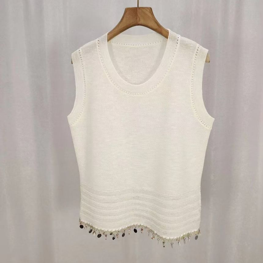 Plain Fringed Crew Neck Knit Tank
