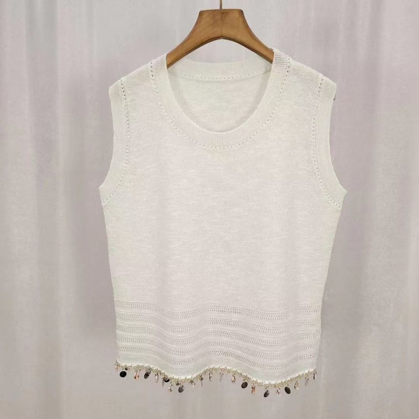 Plain Fringed Crew Neck Knit Tank