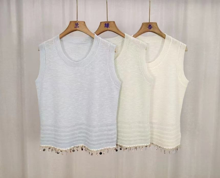 Plain Fringed Crew Neck Knit Tank