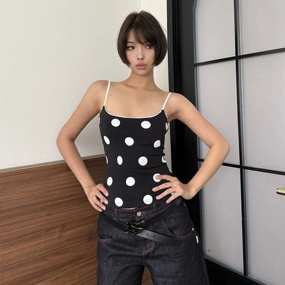 Polka Dot Contrast-Trim Scoop-Neck Slim Cropped Cami