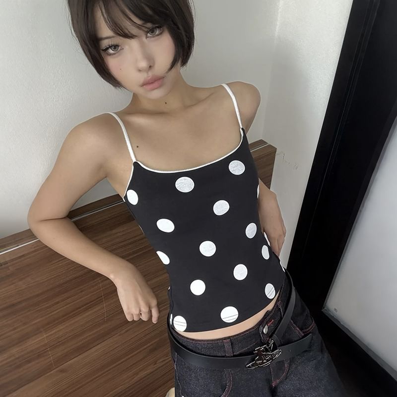 Polka Dot Contrast-Trim Scoop-Neck Slim Cropped Cami