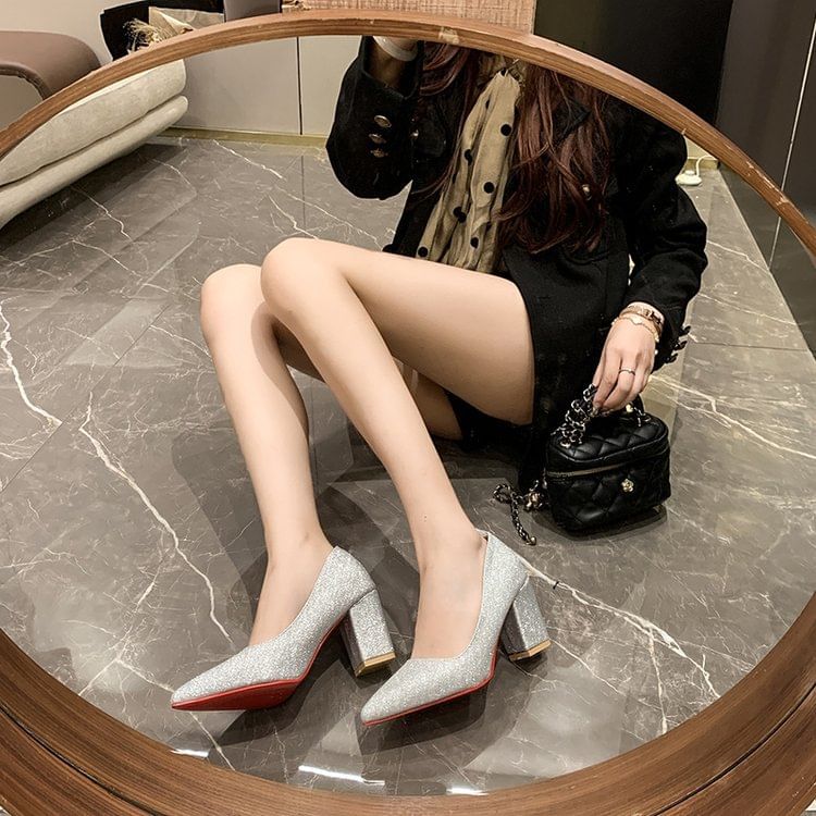 Pumps Pointed Toe Block Heel Glitter