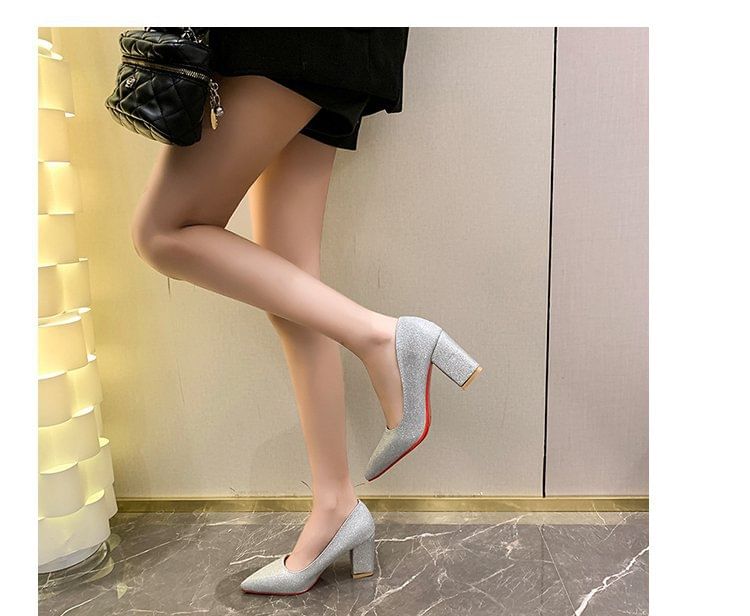 Pumps Pointed Toe Block Heel Glitter