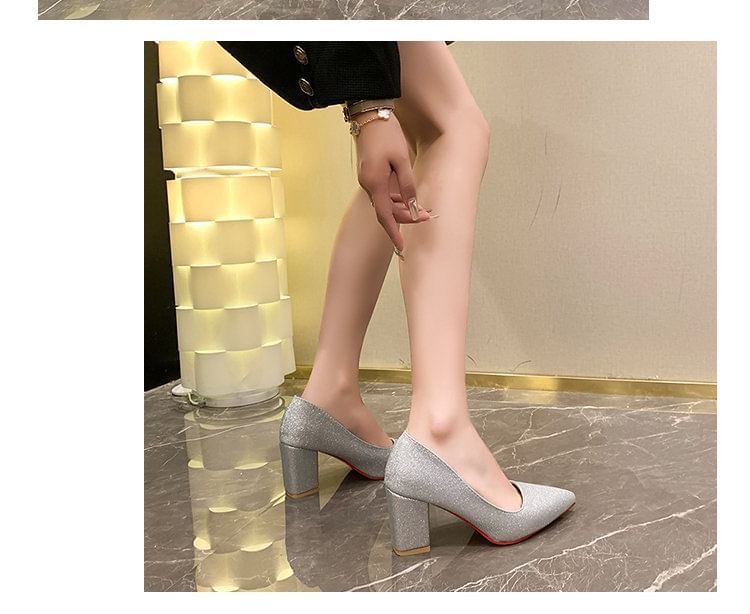 Pumps Pointed Toe Block Heel Glitter