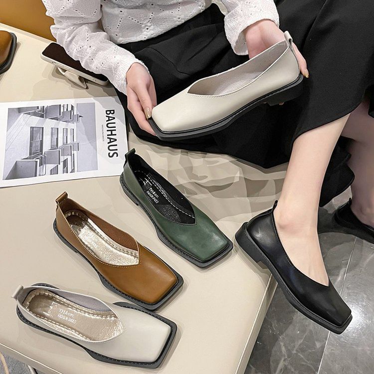 Toe Square Flats Leather Faux