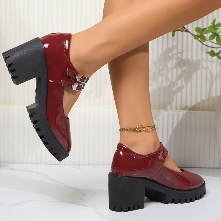 Heel Jane Pumps Patent Platform Mary Block Leather