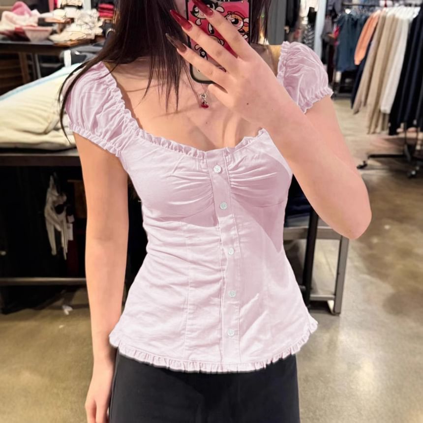Frilled Buttoned V-Neck Cap-Sleeved Top