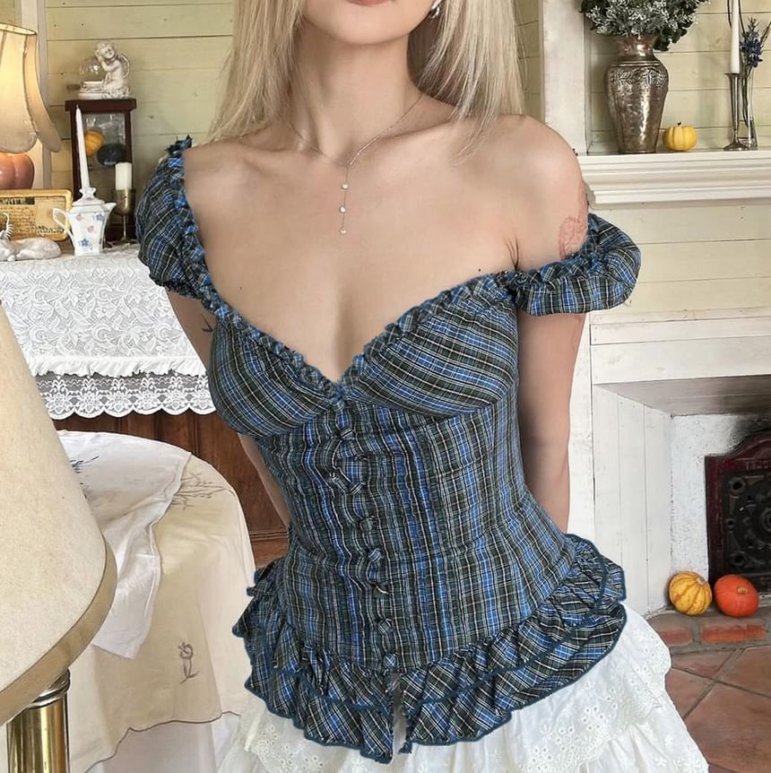 Frilled Buttoned V-Neck Cap-Sleeved Top
