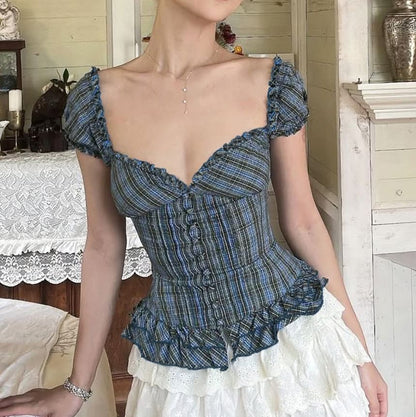 Frilled Buttoned V-Neck Cap-Sleeved Top