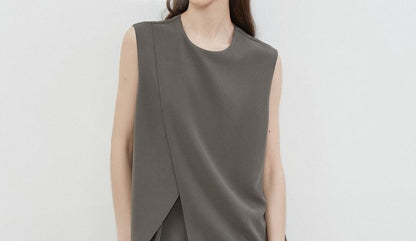 Asymmetric Sleeveless Top / High-Waisted Straight Pants