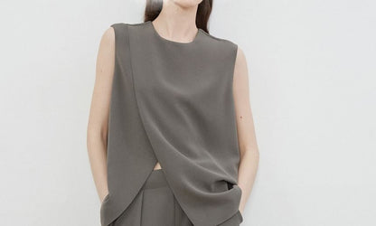 Asymmetric Sleeveless Top / High-Waisted Straight Pants
