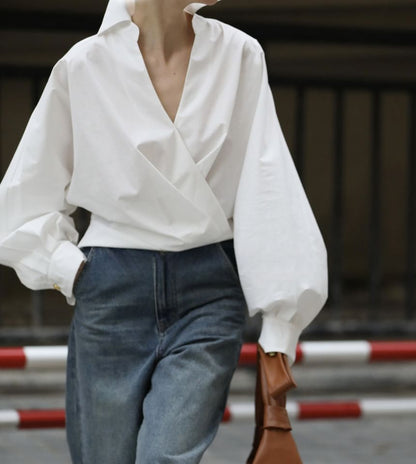 Plain V-Neck Puff-Sleeved Blouse