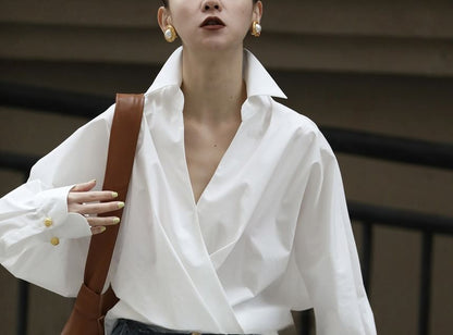Plain V-Neck Puff-Sleeved Blouse
