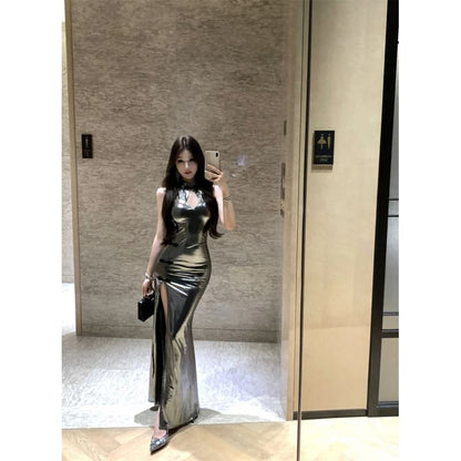 Sleeveless Glitter Slit Maxi Qipao