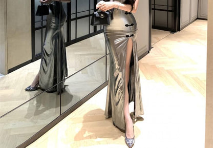 Sleeveless Glitter Slit Maxi Qipao