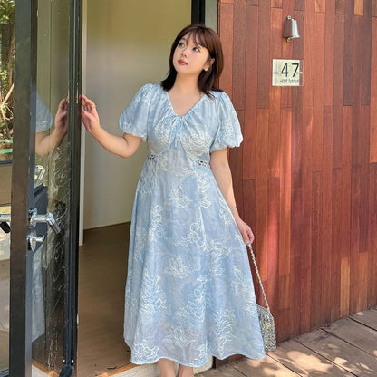 Plus Size Puff Short Sleeve V-Neck Floral Embroidered Cutout Midi A-Line Dress