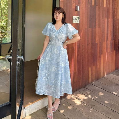 Plus Size Puff Short Sleeve V-Neck Floral Embroidered Cutout Midi A-Line Dress