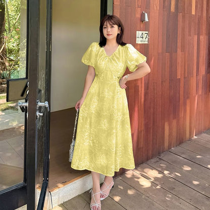 Plus Size Puff Short Sleeve V-Neck Floral Embroidered Cutout Midi A-Line Dress