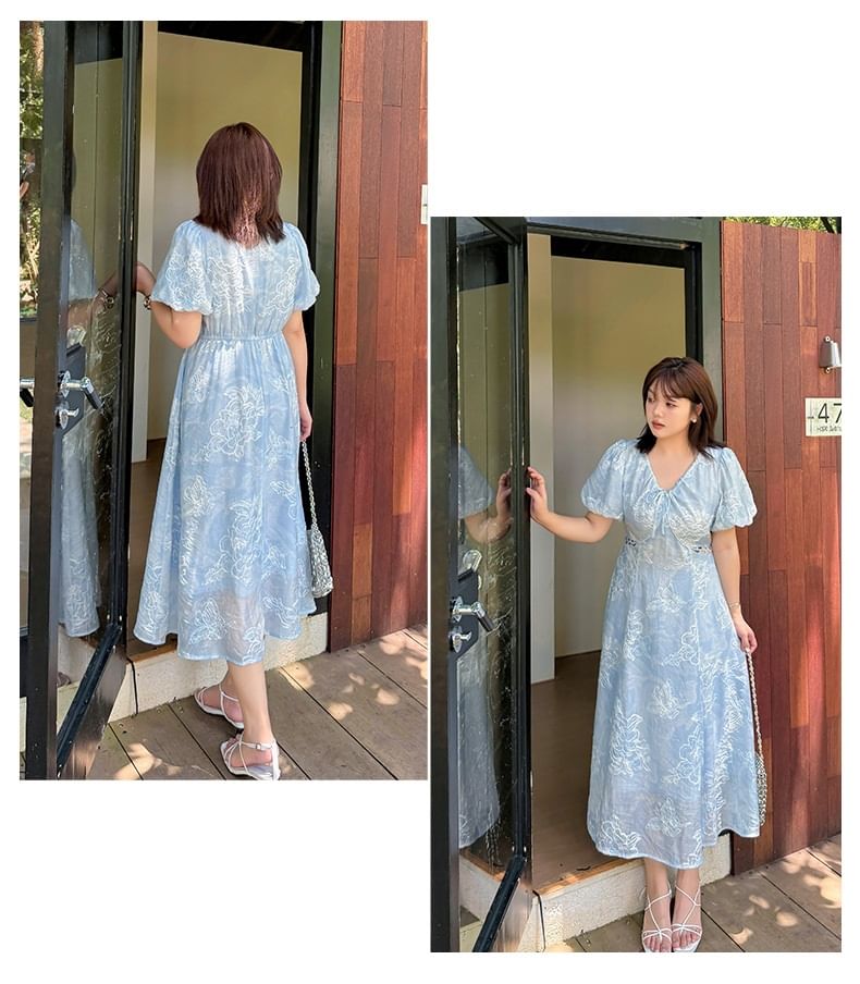 Plus Size Puff Short Sleeve V-Neck Floral Embroidered Cutout Midi A-Line Dress