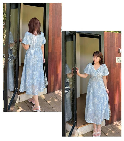 Plus Size Puff Short Sleeve V-Neck Floral Embroidered Cutout Midi A-Line Dress