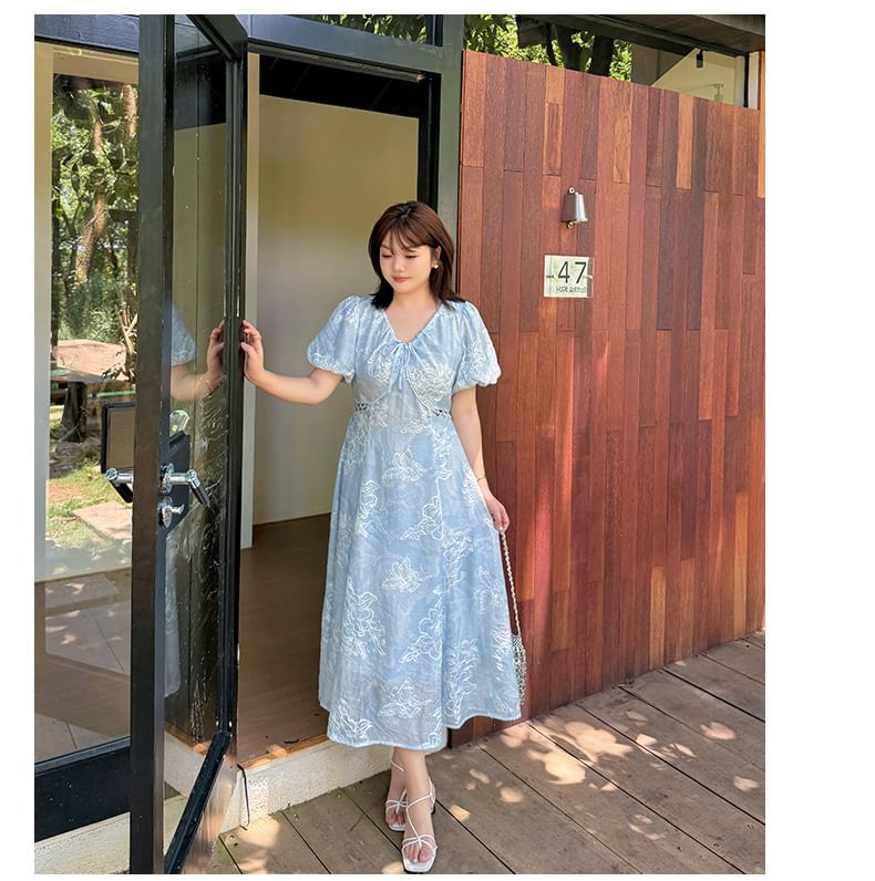 Plus Size Puff Short Sleeve V-Neck Floral Embroidered Cutout Midi A-Line Dress