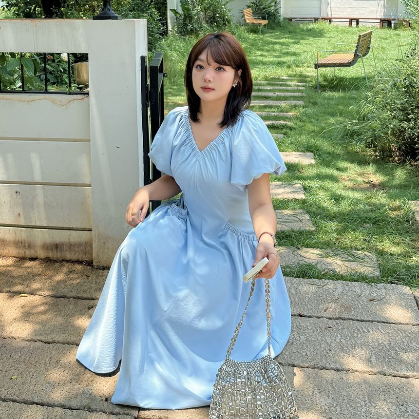 Plus Size Puff Short Sleeve V-Neck Plain Ruched Midi A-Line Dress
