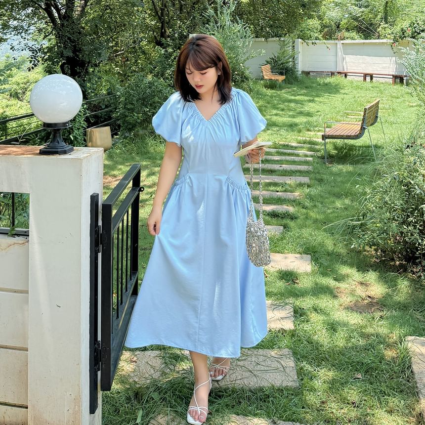 Plus Size Puff Short Sleeve V-Neck Plain Ruched Midi A-Line Dress