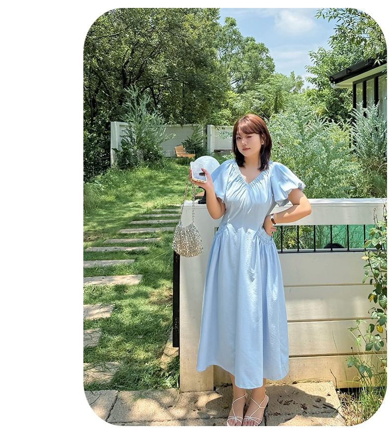 Plus Size Puff Short Sleeve V-Neck Plain Ruched Midi A-Line Dress