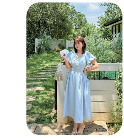 Plus Size Puff Short Sleeve V-Neck Plain Ruched Midi A-Line Dress