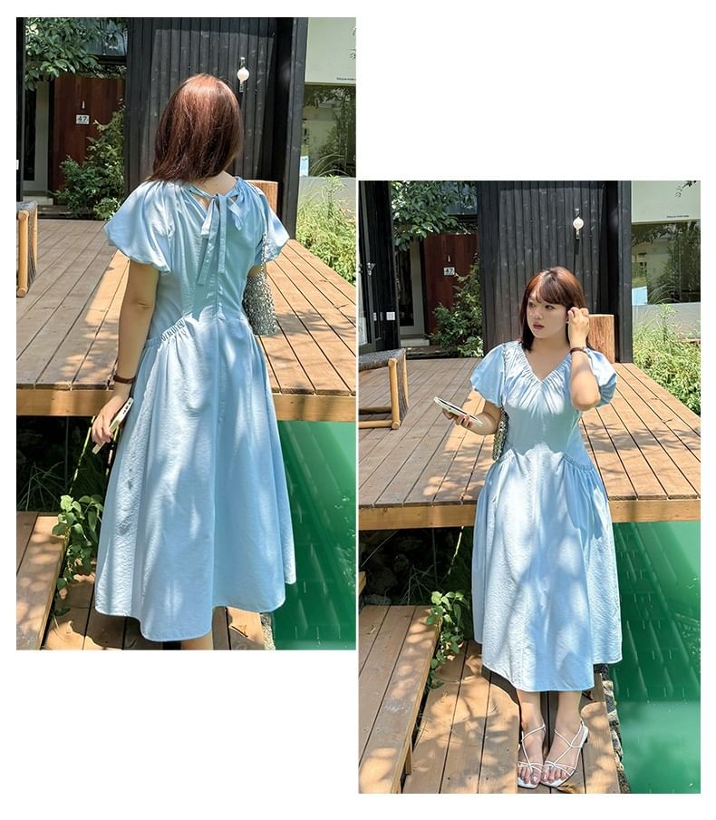 Plus Size Puff Short Sleeve V-Neck Plain Ruched Midi A-Line Dress
