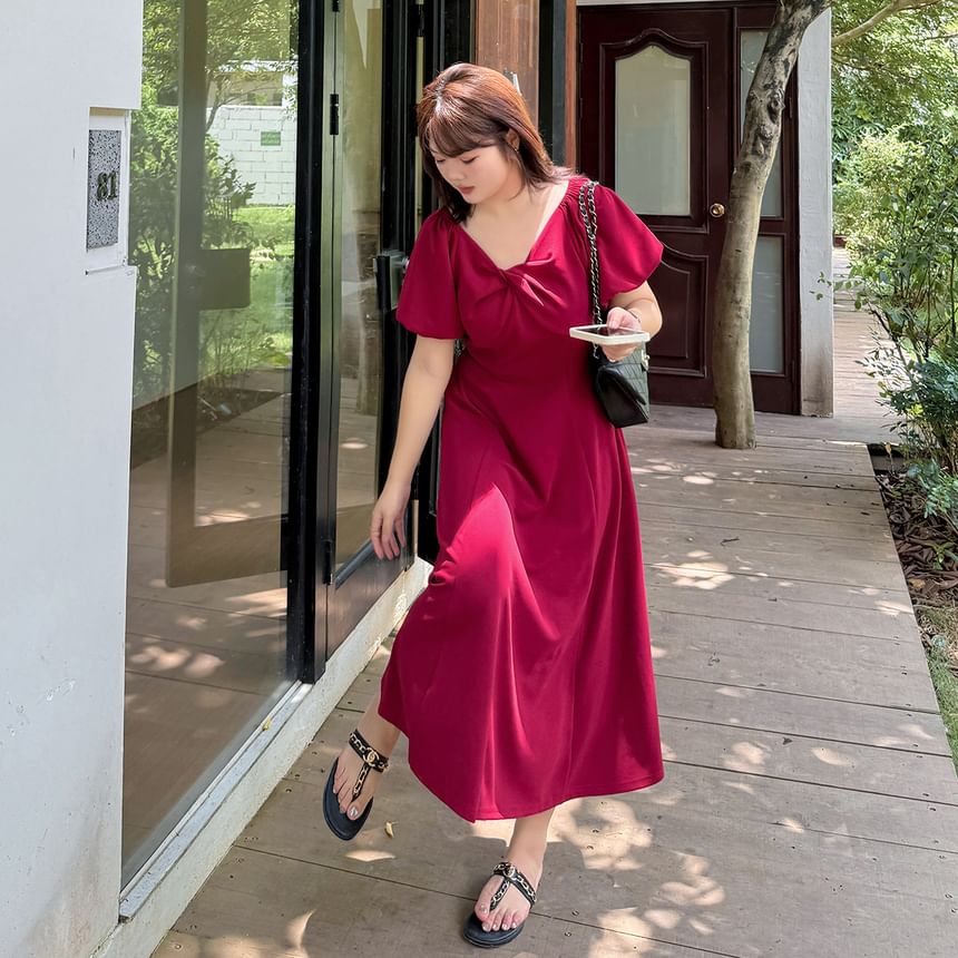Plus Size Puff Short Sleeve V-Neck Plain Twist Midi A-Line Dress